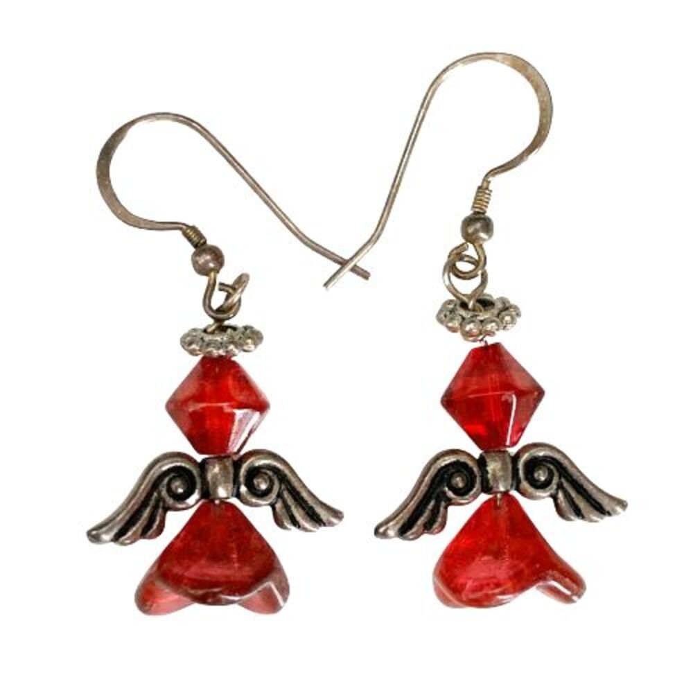 Red 3D ANGEL Beaded Dangle Earrings Handmade Artisan Antique Silver Wings Halo - Picture 2 of 6